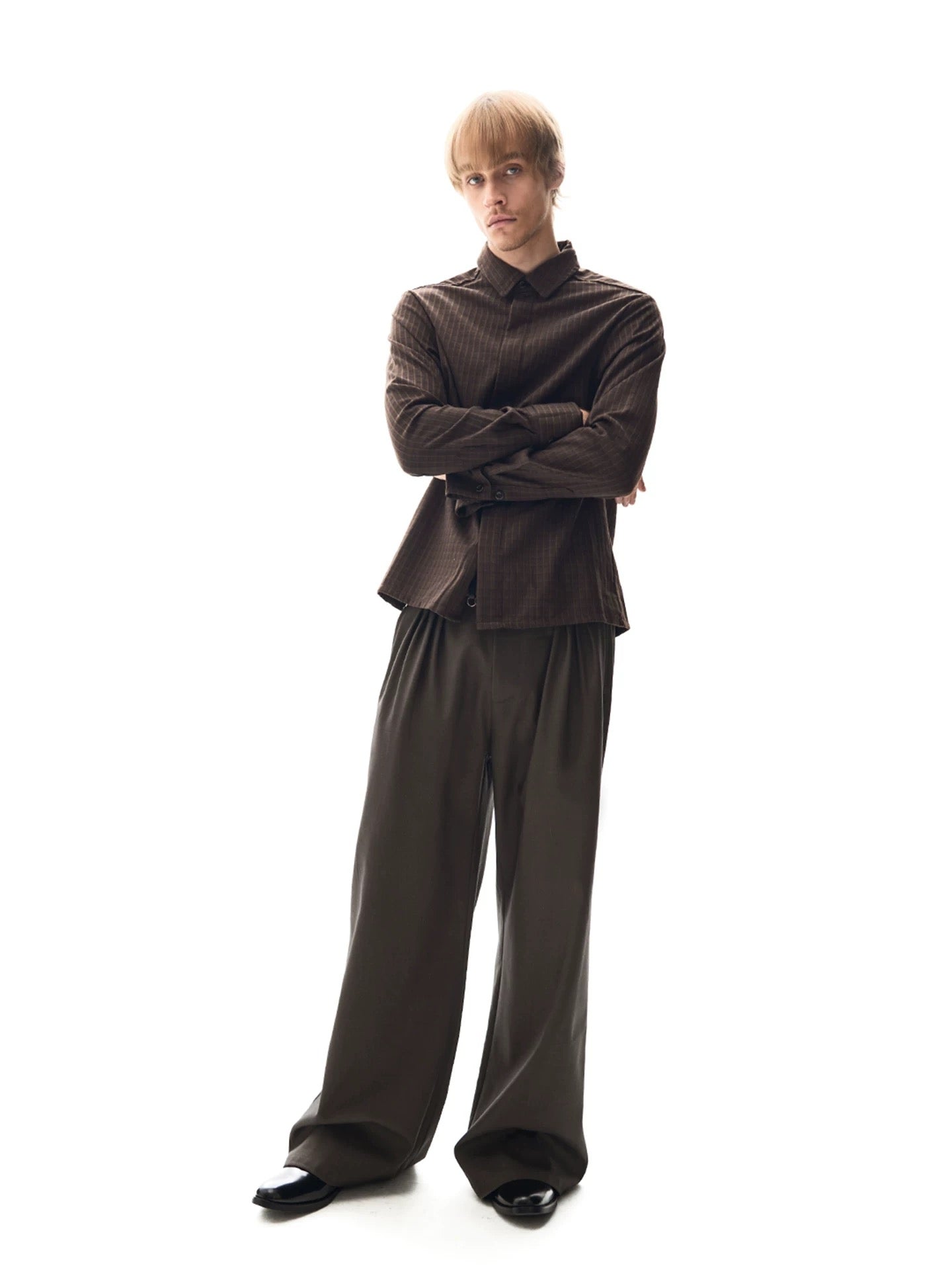"The Brown Folded" Wide-Leg Pleat Pants