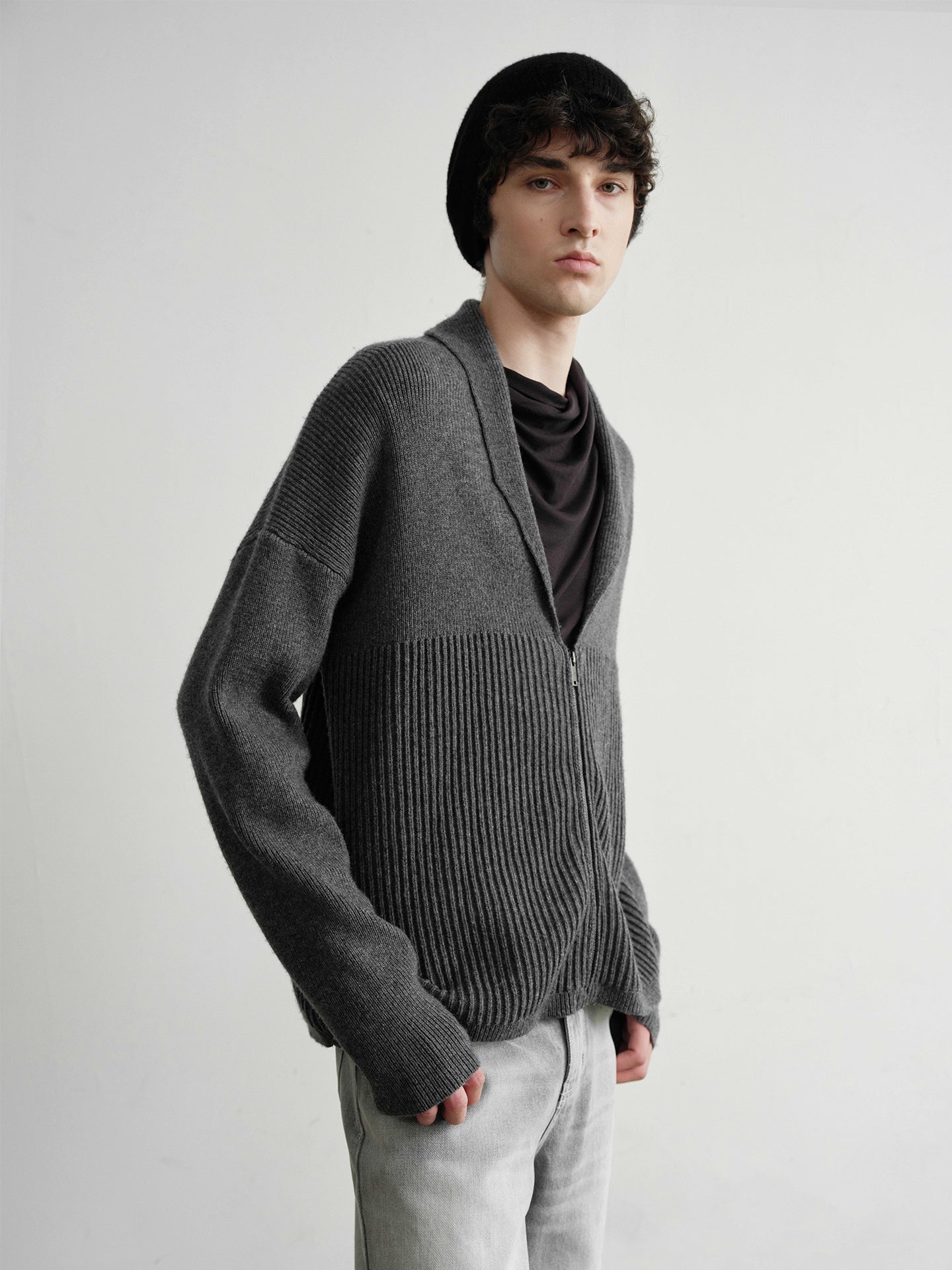 "Shawl" Gray Wool Blend Ribbed Cardigan