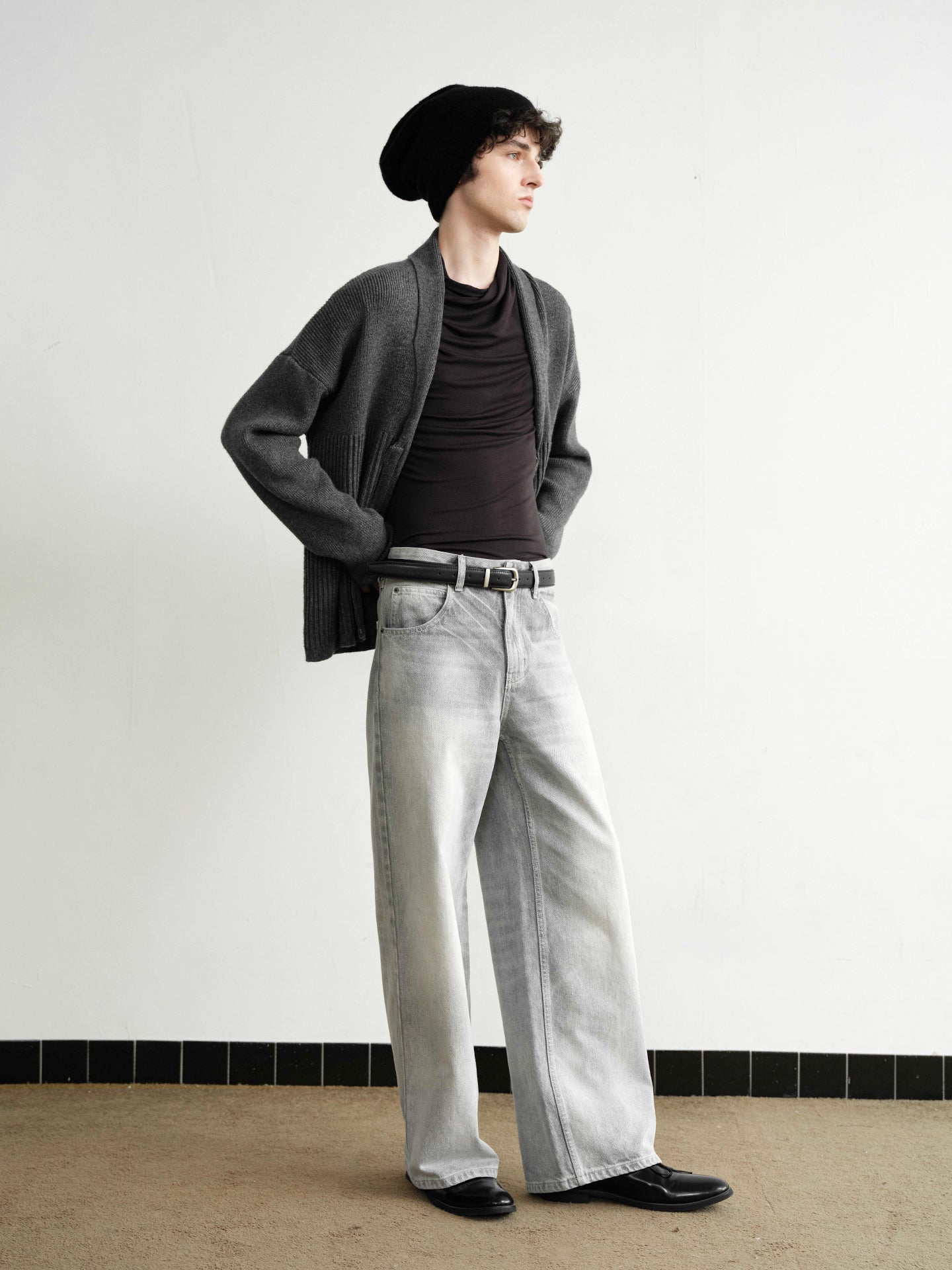 "Shawl" Gray Wool Blend Ribbed Cardigan