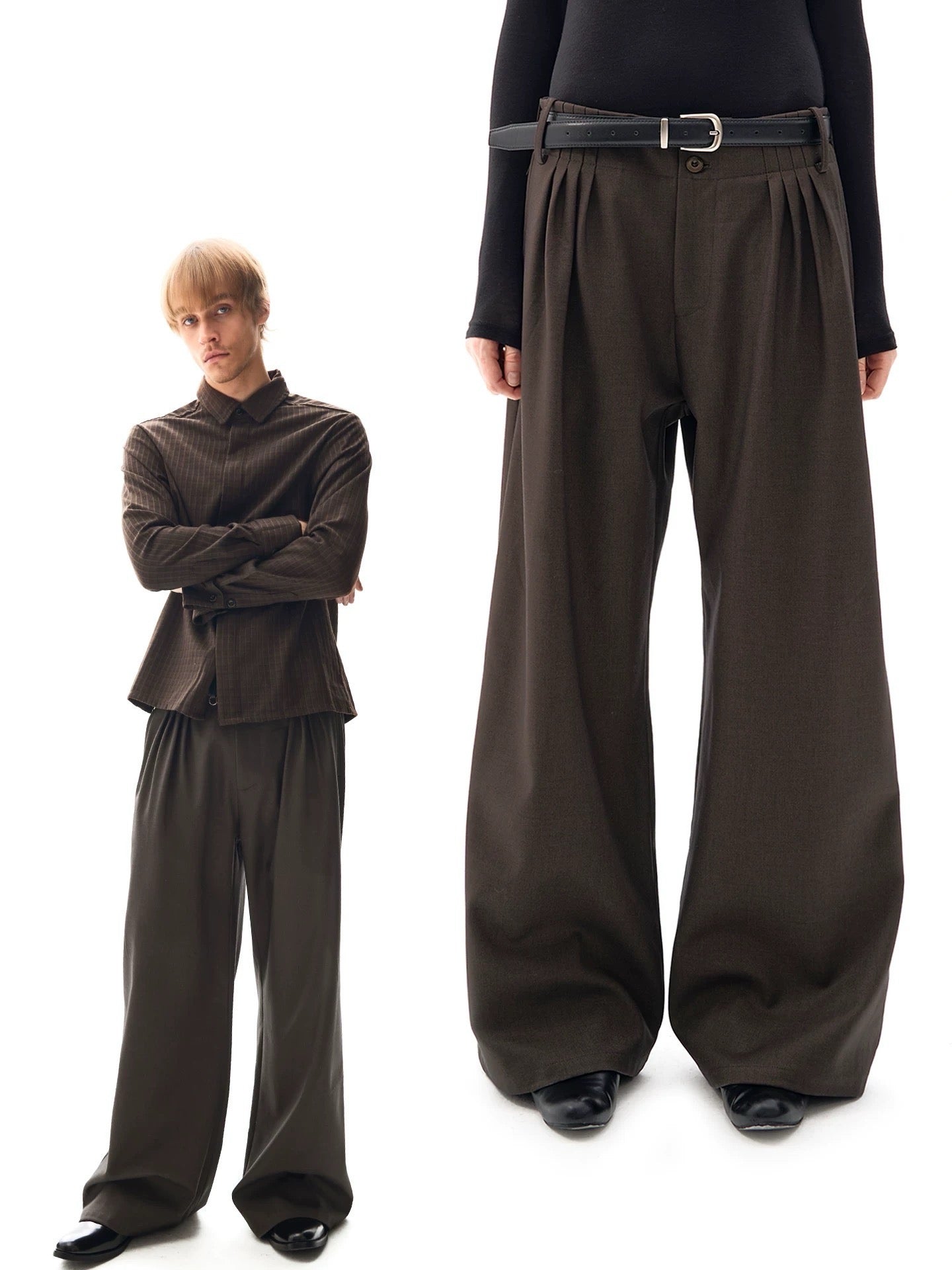 "The Brown Folded" Wide-Leg Pleat Pants