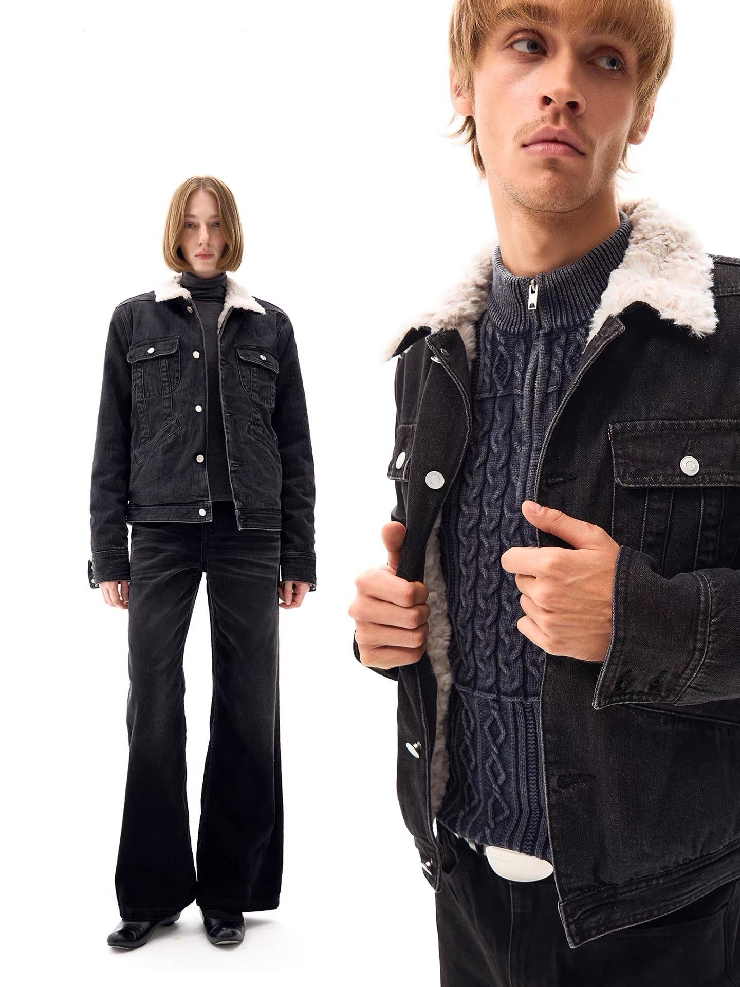 "Trim" Sherpa-Collar Denim Jacket