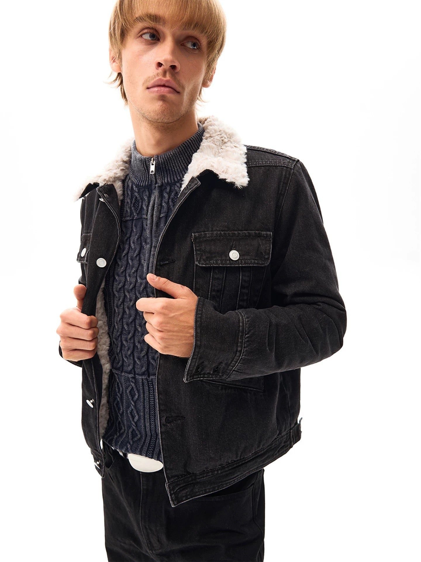 "Trim" Sherpa-Collar Denim Jacket