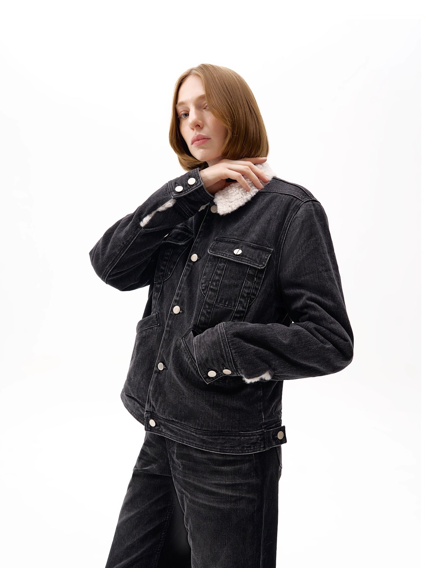 "Trim" Sherpa-Collar Denim Jacket