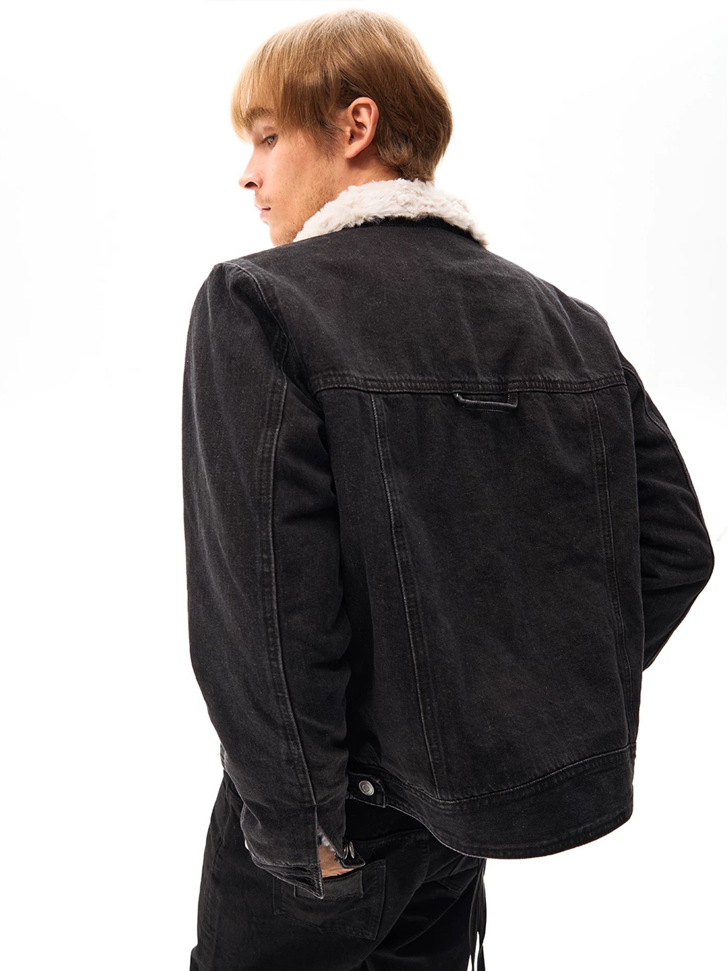 "Trim" Sherpa-Collar Denim Jacket