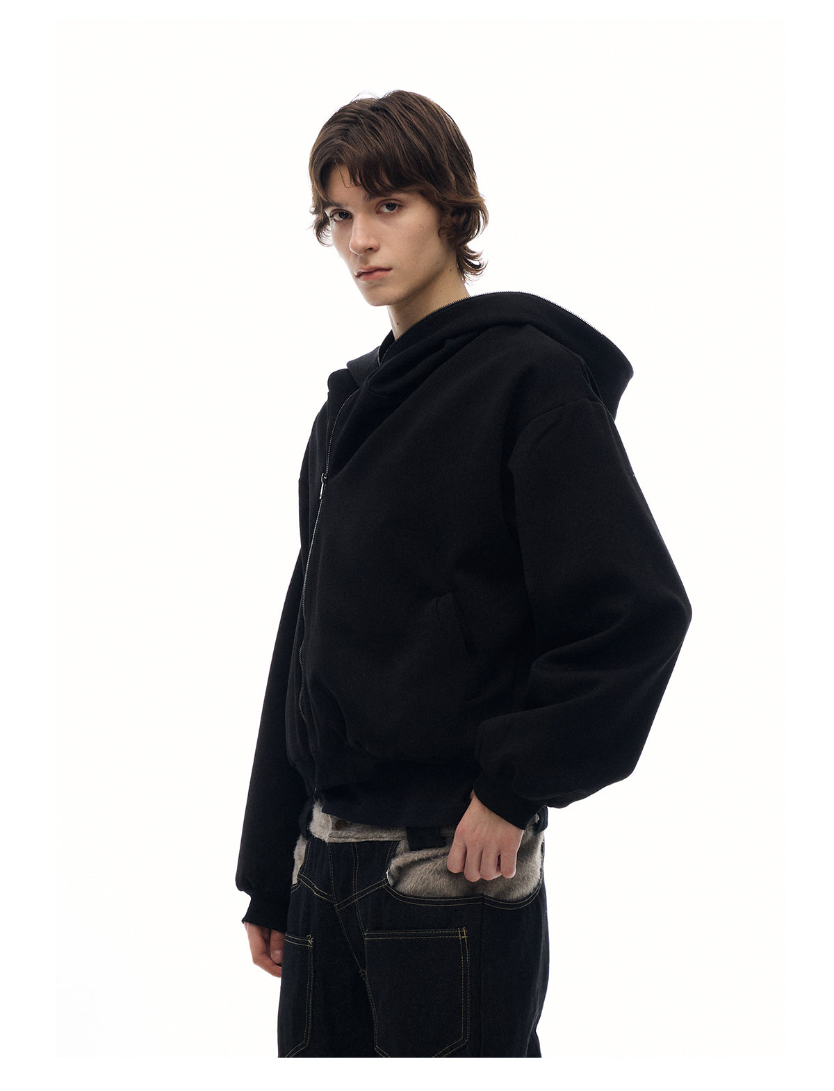 "Maze" Linen Black Reversible Layered Sweatshirt Jacket