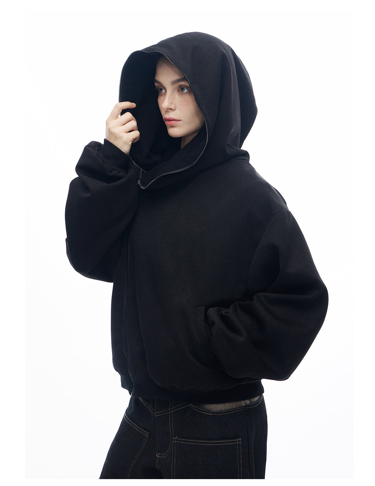 "Maze" Linen Black Reversible Layered Sweatshirt Jacket