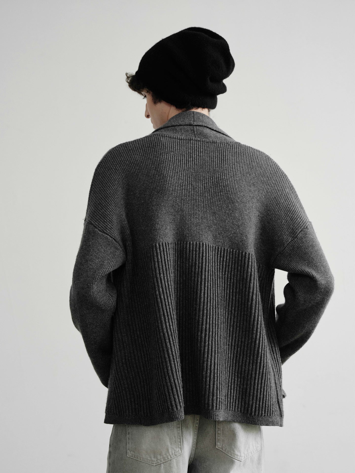 "Shawl" Gray Wool Blend Ribbed Cardigan