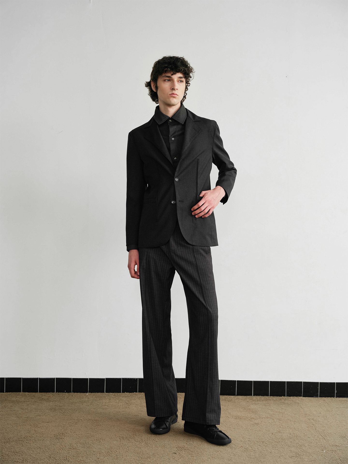 "Charcoal" Striped Pleated Trousers