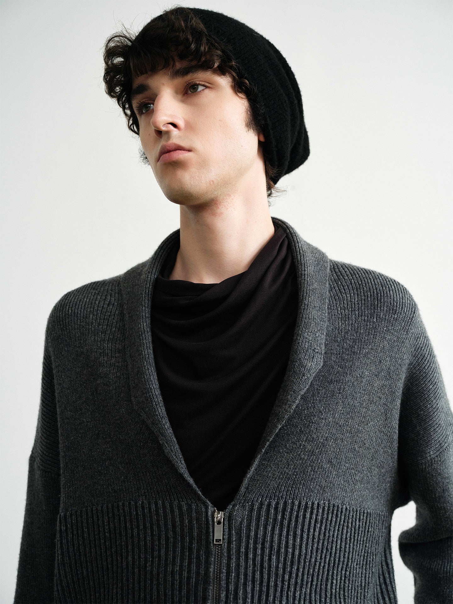 "Shawl" Gray Wool Blend Ribbed Cardigan
