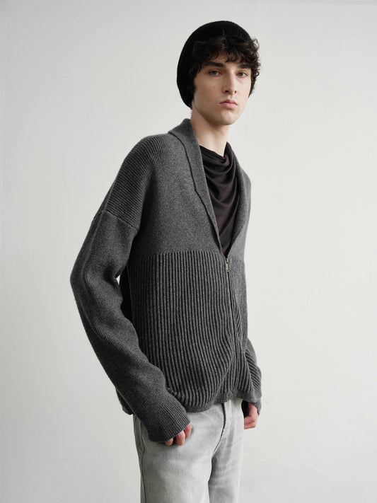 "Shawl" Gray Wool Blend Ribbed Cardigan