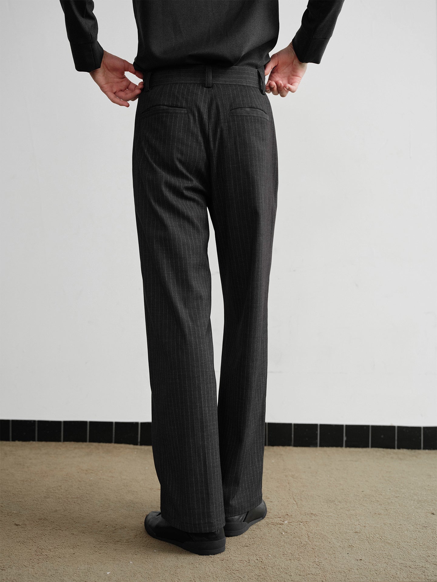 "Charcoal" Striped Pleated Trousers