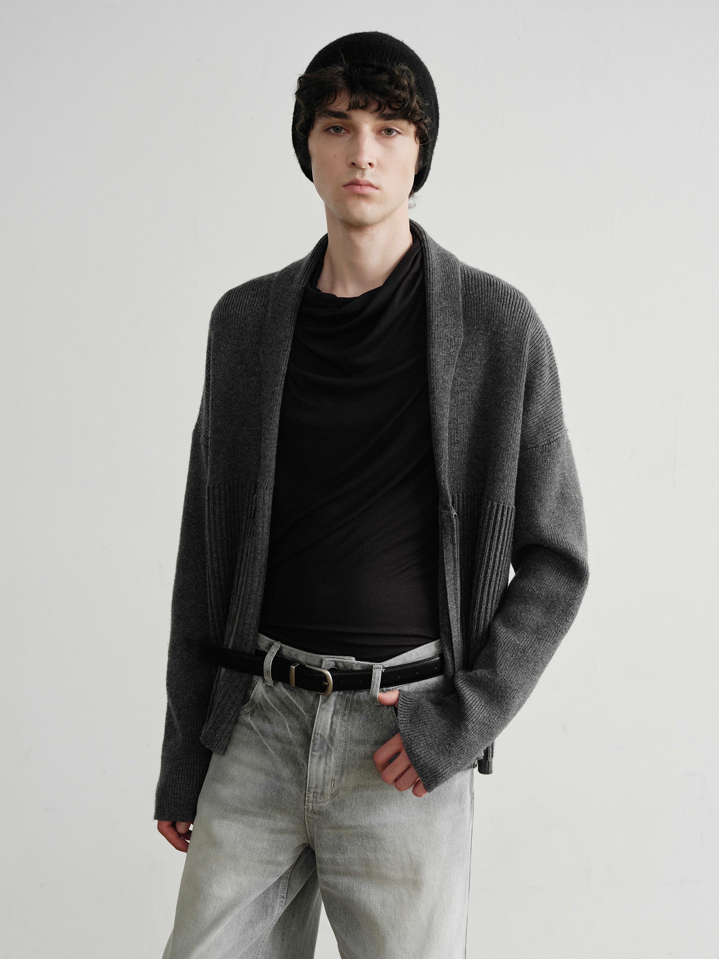 "Shawl" Gray Wool Blend Ribbed Cardigan