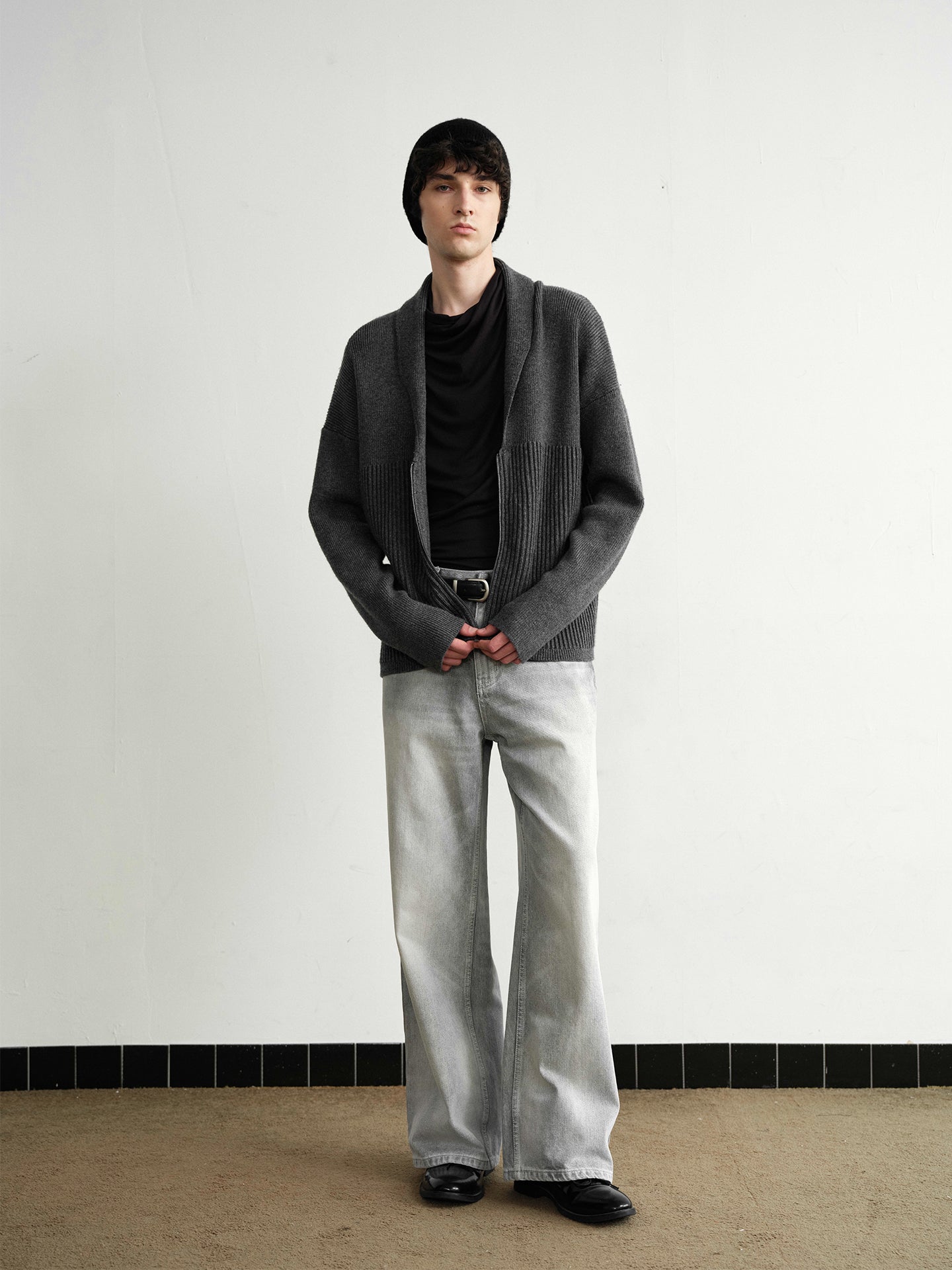 "Shawl" Gray Wool Blend Ribbed Cardigan