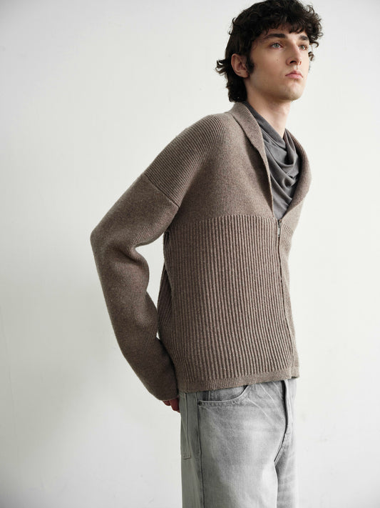 "Shawl" Cream Wool Blend Ribbed Cardigan (Copie)