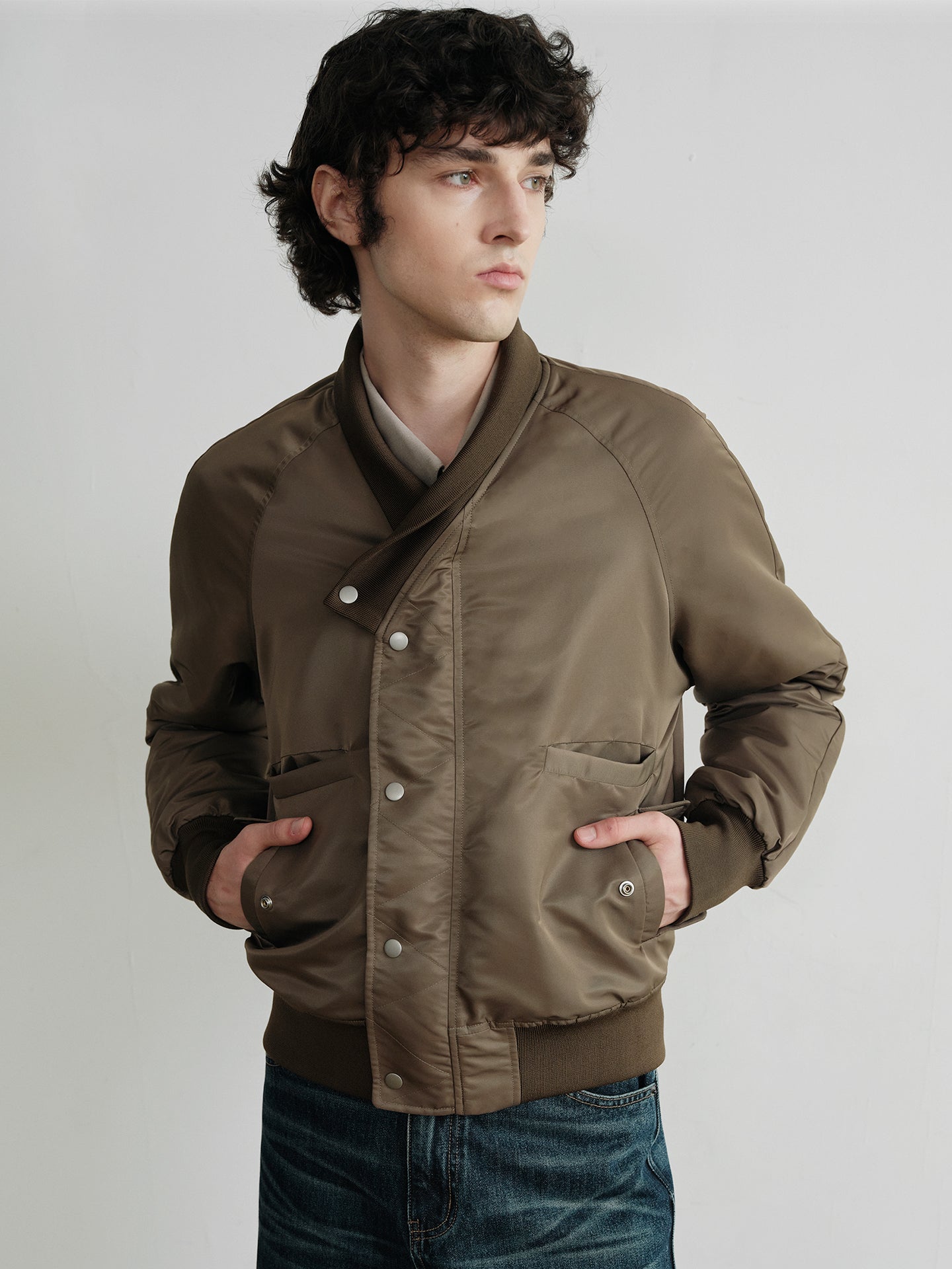"Olive" Brown Stand-Collar Bomber Jacket