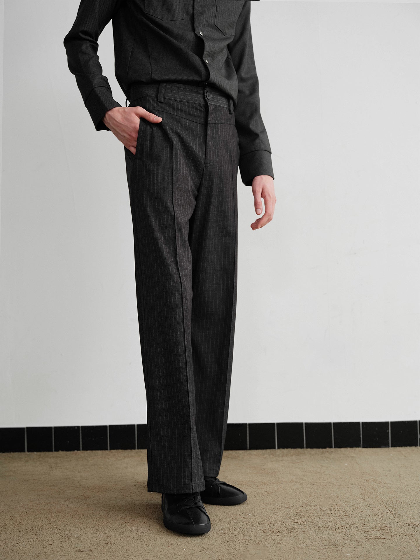 "Charcoal" Striped Pleated Trousers