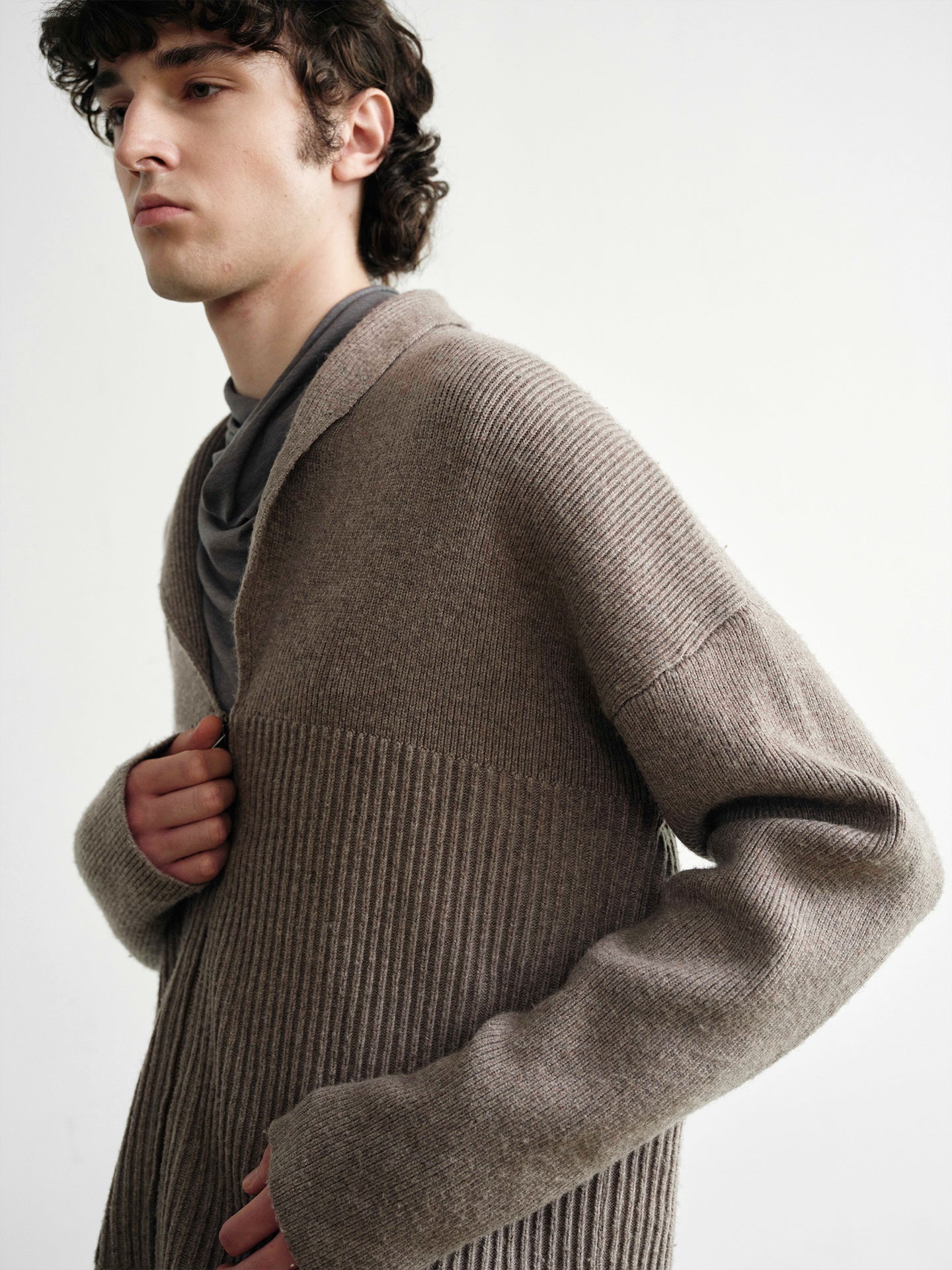 "Shawl" Cream Wool Blend Ribbed Cardigan (Copie)