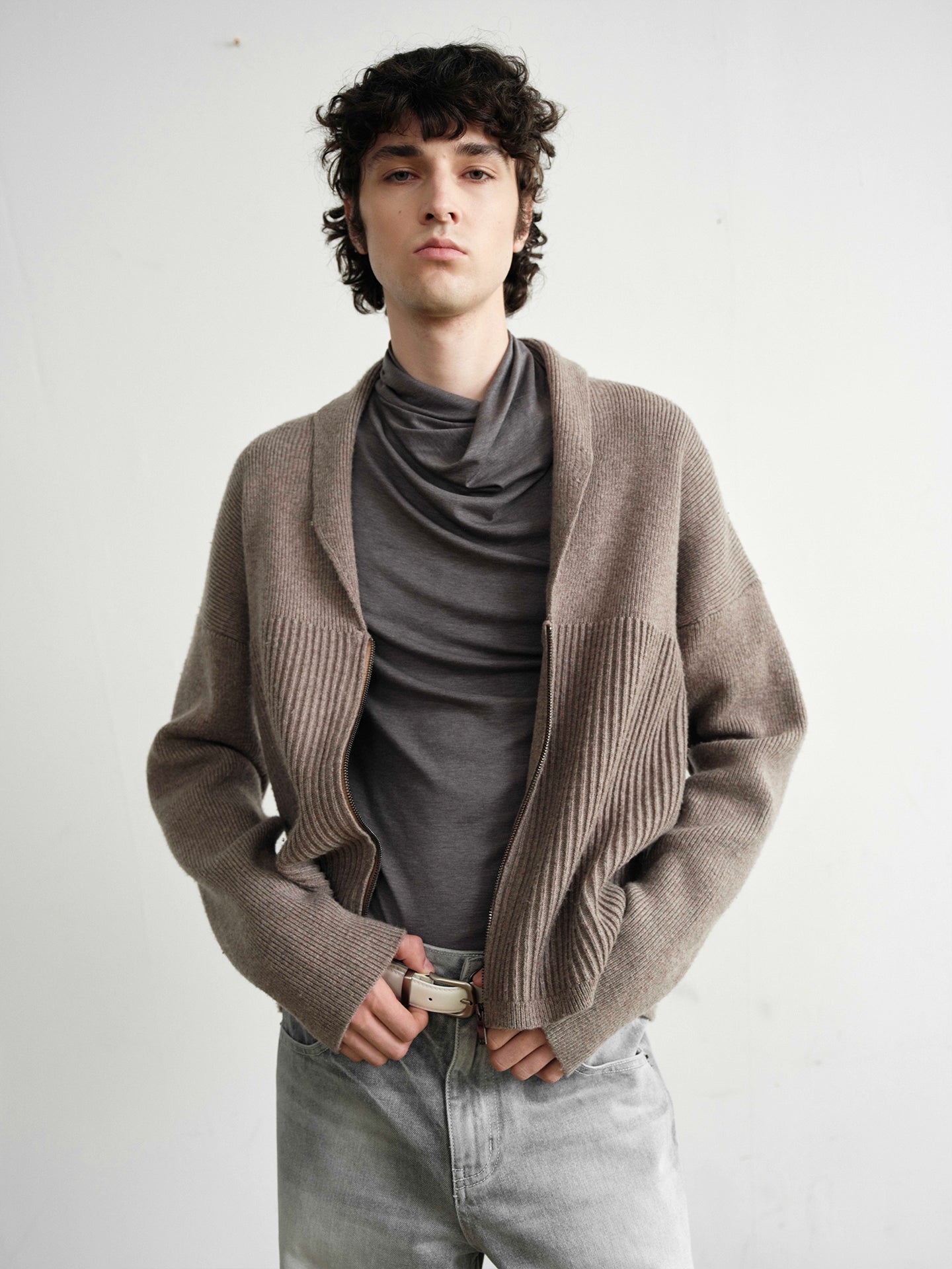"Shawl" Cream Wool Blend Ribbed Cardigan (Copie)